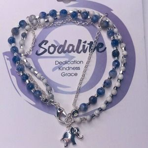 David Culiner Sodalite Beads Triple Strand Bracelet Silver Plated Elephant‎ NEW